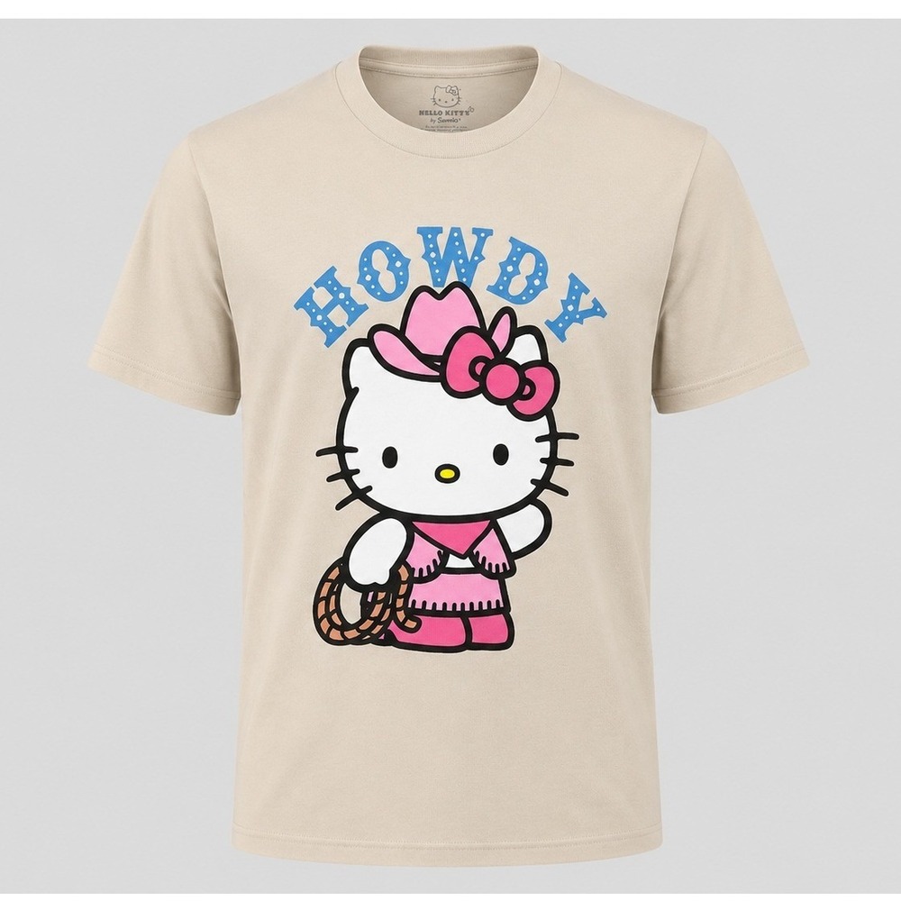 Hello Kitty Cowboy Western Graphic Tee Beige Large Sanrio Y2K Shirt